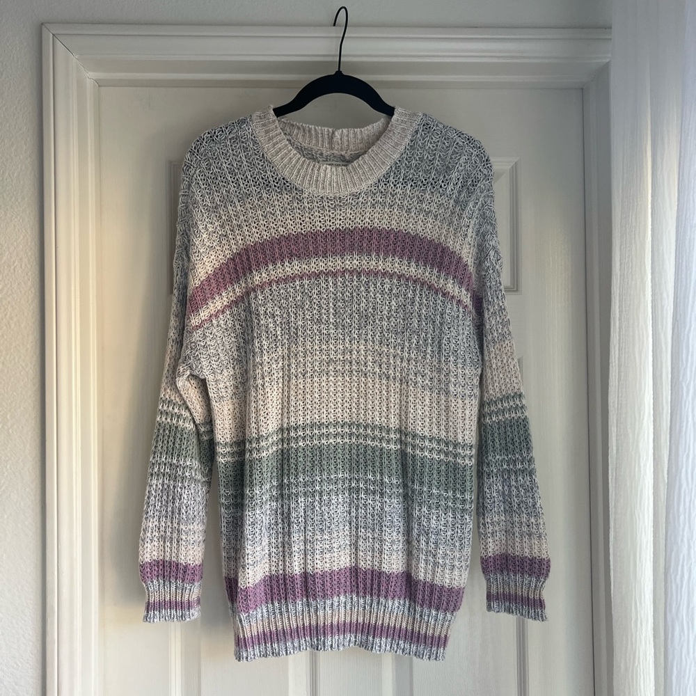 American Eagle Outfitters Striped Crewneck Sweater in Cream, Pink & Green